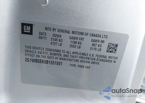 2011 Chevrolet Impala Lt из США, поврежденный, VIN 2G1WB5EK9B1331901